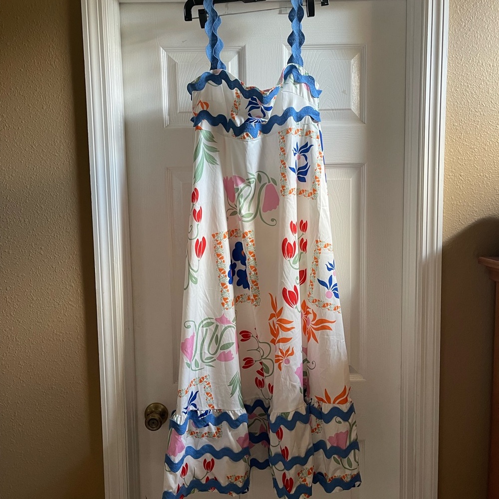 BRIGHT. COLORFUL. CUTE MAXI SUNDRESS WITH PIPING. Sz L